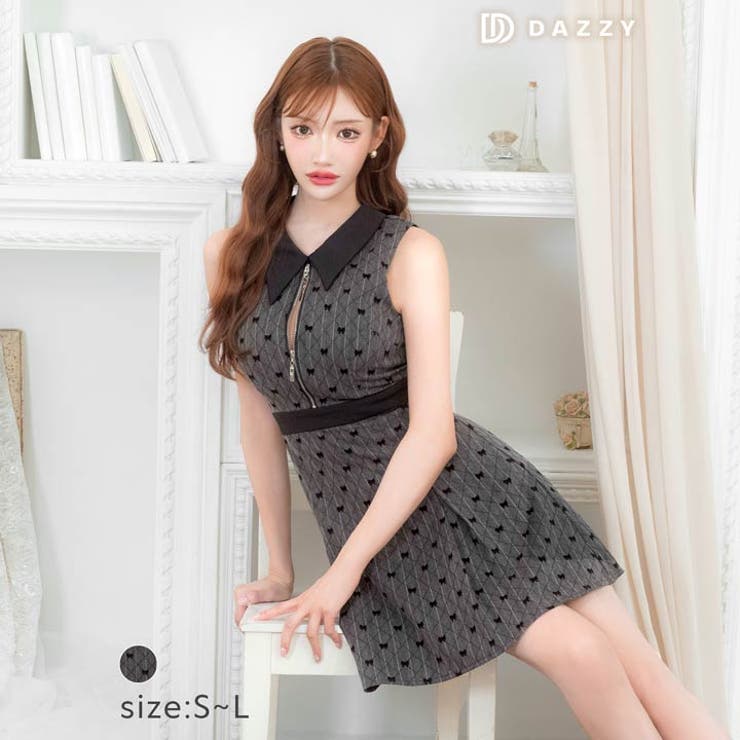 [Aライン] 襟付きジャガードリボンフロントジップAラインミニドレス[SML 3… | Dazzy | 詳細画像3 