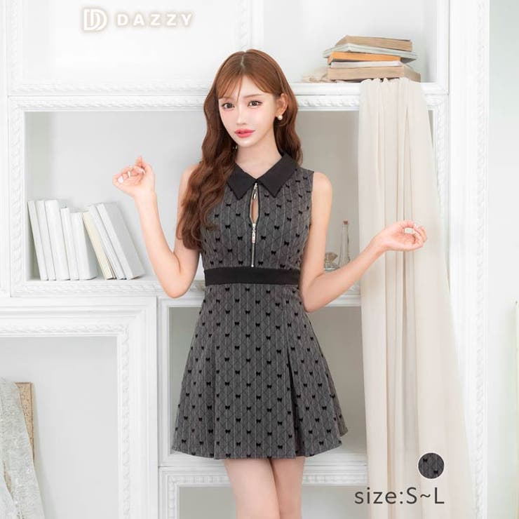 襟付きジャガードリボンフロントジップAラインミニドレス　S 襟付きジャガードリボンフロントジップAラインミニドレス[品番