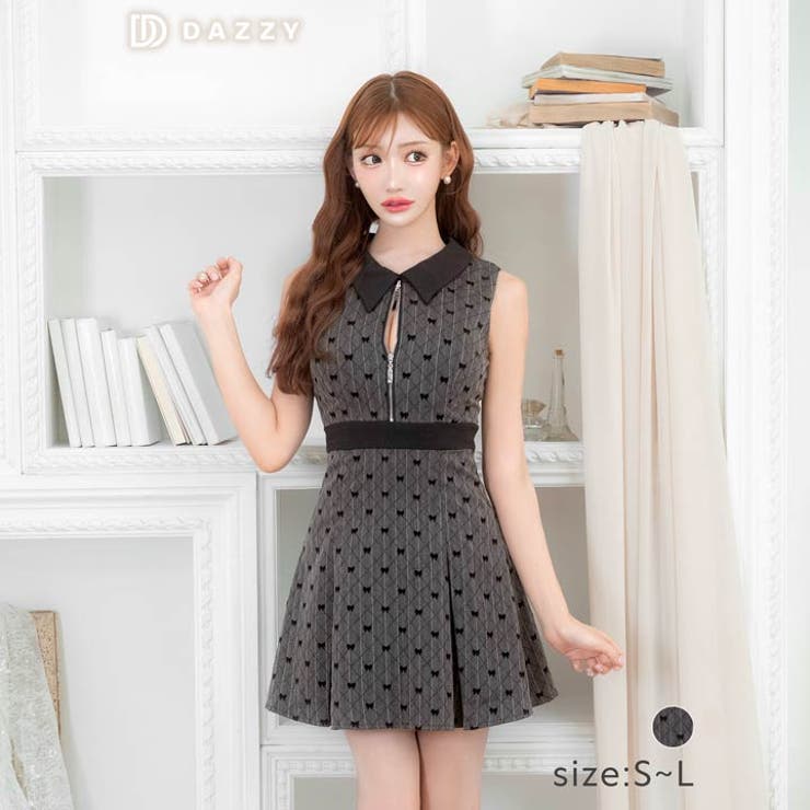 襟付きジャガードリボンフロントジップAラインミニドレス　S 襟付きジャガードリボンフロントジップAラインミニドレス[品番