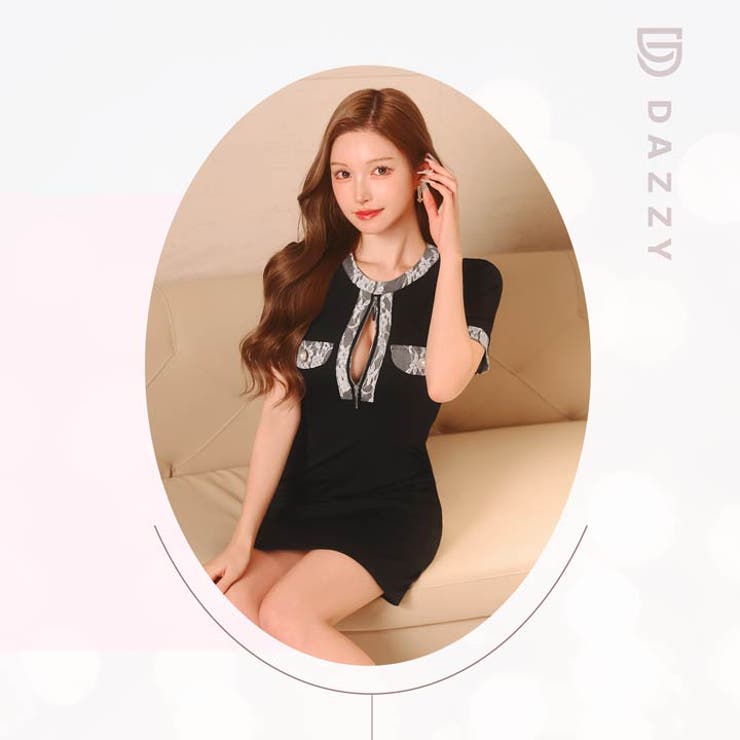 [SML 3サイズ展開] バイカラーレースパールボタンフロントジップタイトミニド… | Dazzy | 詳細画像14 