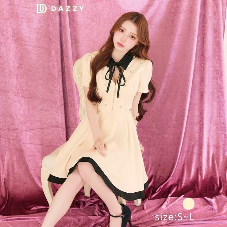 襟付きリボンファスナーラインストーン半袖Aラインミニドレス[品番