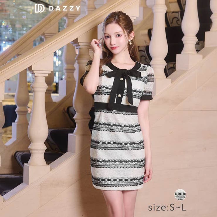 [SML/3サイズ展開] フラワーレースボーダーリボン半袖タイトミニドレス | Dazzy | 詳細画像4 