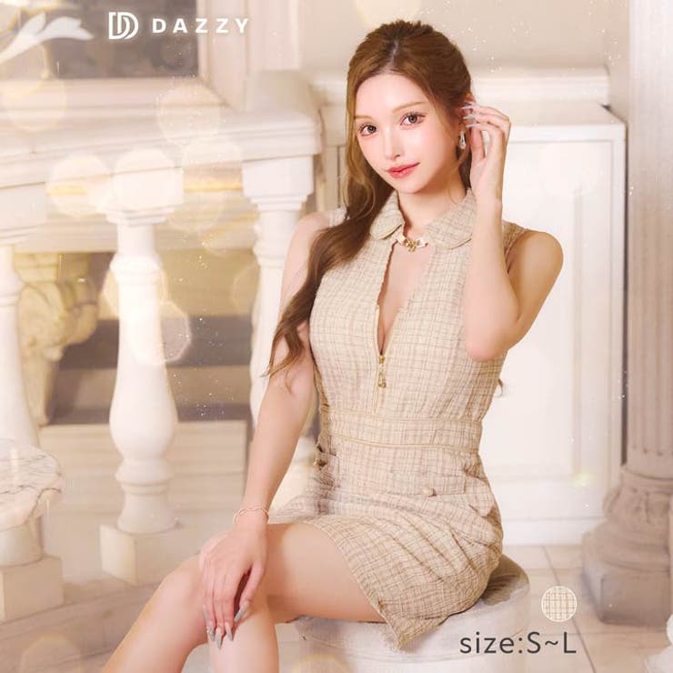 [SML 3サイズ展開] 襟付きツイードチェックファスナーノースリーブタイトミニ… | Dazzy | 詳細画像1 