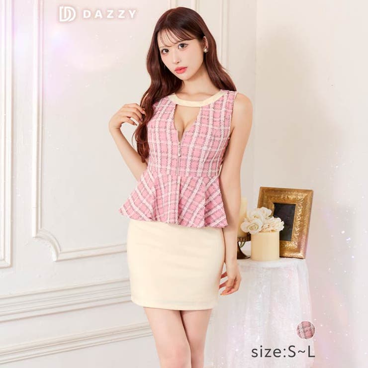 [SML 3サイズ展開] ラメチェックツイードファスナーペプラムタイトミニドレス | Dazzy | 詳細画像1 