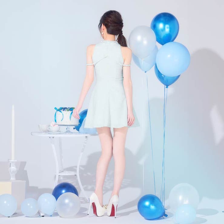 フロントジップレース襟ビジューアメスリAラインミニドレス[品番