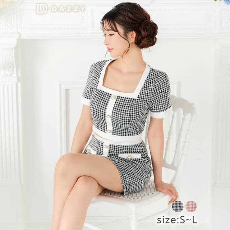 [SML 3サイズ展開] スクエア千鳥格子ラインパールビジュー半袖タイトミニセッ… | Dazzy | 詳細画像5 
