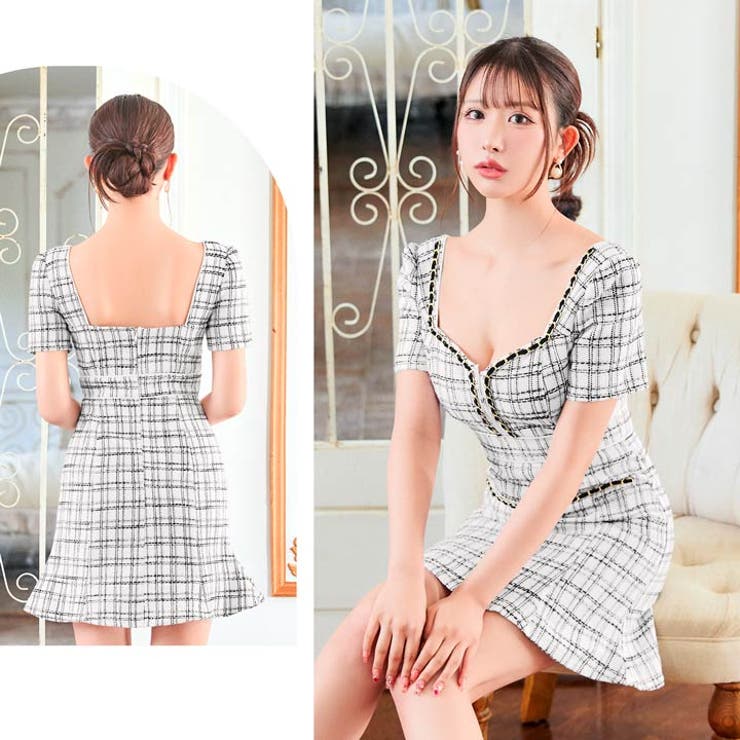 [SML 3サイズ展開] フロントジップチェーンチェック半袖マーメイドミニドレス | Dazzy | 詳細画像14 