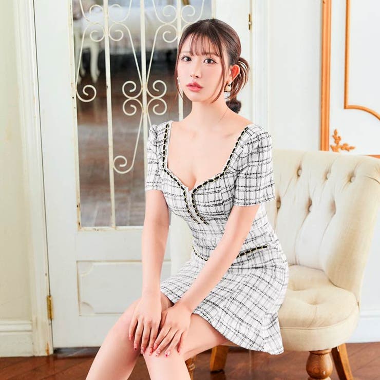 [SML 3サイズ展開] フロントジップチェーンチェック半袖マーメイドミニドレス | Dazzy | 詳細画像5 