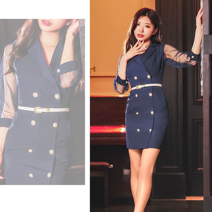 [SML 3サイズ展開] テーラードパールボタンシアー袖ベルト付きタイトミニドレ… | Dazzy | 詳細画像14 