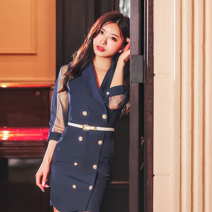 [SML 3サイズ展開] テーラードパールボタンシアー袖ベルト付きタイトミニドレ… | Dazzy | 詳細画像4 