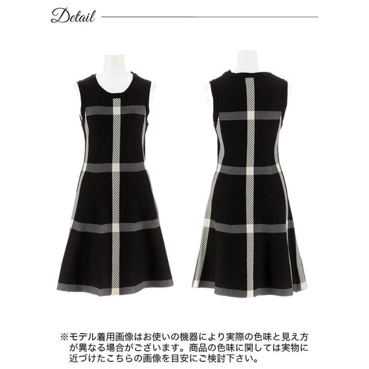 ノースリーブチェック柄Aラインニットワンピース[品番