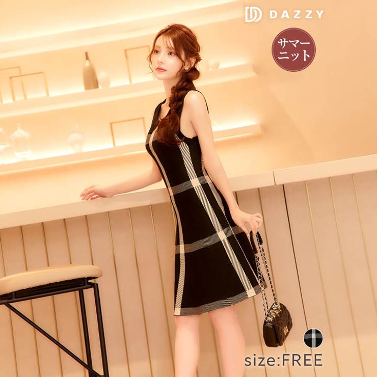  ノースリーブチェック柄Aラインニットワンピース | Dazzy | 詳細画像3 