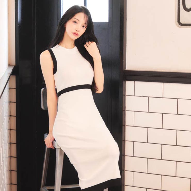 モノトーンパイピング膝丈ニットワンピース  | Dazzy | 詳細画像3 