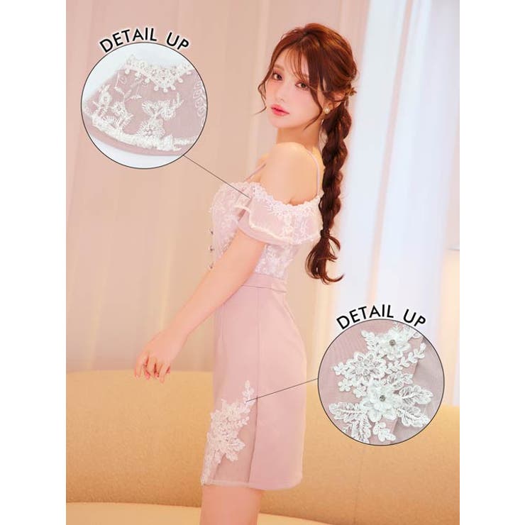 フラワーレース刺繍スリットフリルオフショルタイトミニドレス[品番