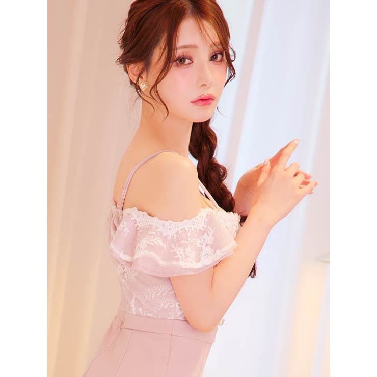 ♡ オフショルチュール刺繍レースタイトミニドレス フラワーレース刺繍スリットフリルオフショルタイトミニドレス[品番