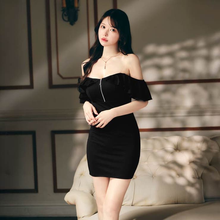 オフショルフリルクリアストラップファスナータイトミニドレス | Dazzy | 詳細画像5 