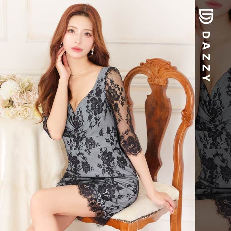 オールフラワーレースギャザー七分袖タイトミニドレス[SML/3サイズ展開] | Dazzy | 詳細画像13 