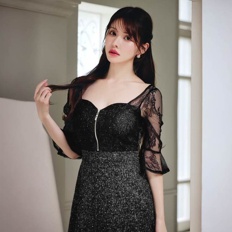 [Aライン] フロントジップツイードフラワーレース五分袖Aラインミニドレス[SM… | Dazzy | 詳細画像5 