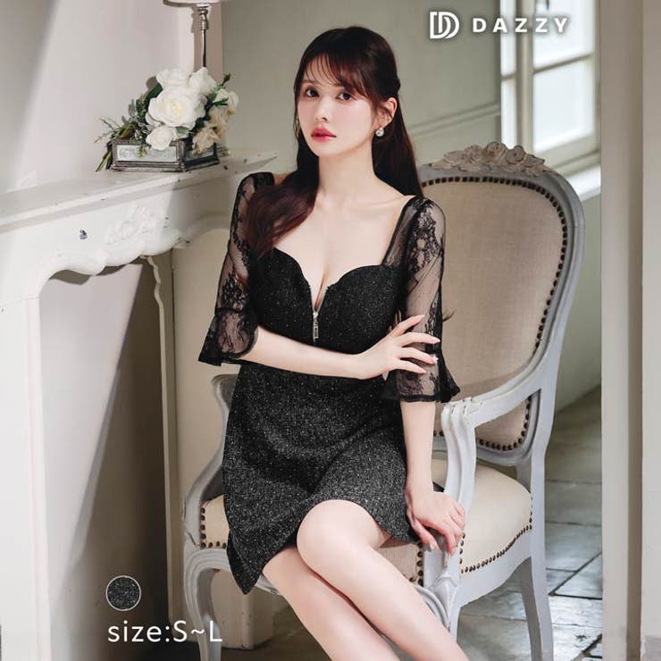 [Aライン] フロントジップツイードフラワーレース五分袖Aラインミニドレス[SM… | Dazzy | 詳細画像7 