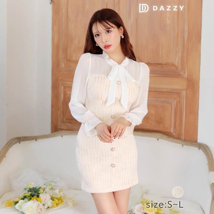 [SML 3サイズ展開] ツイードチェックフリルネックリボン長袖タイトミニドレス | Dazzy | 詳細画像1 