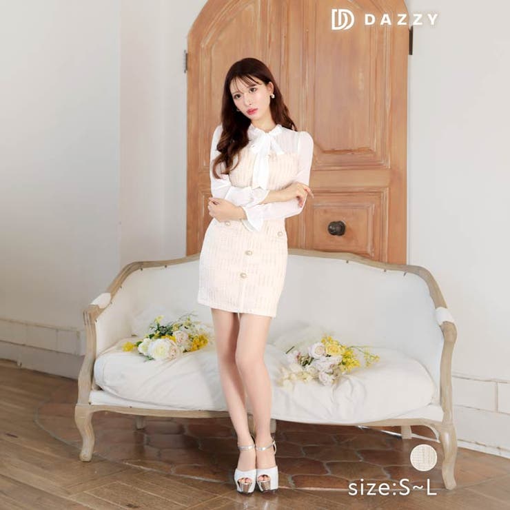 [SML 3サイズ展開] ツイードチェックフリルネックリボン長袖タイトミニドレス | Dazzy | 詳細画像4 