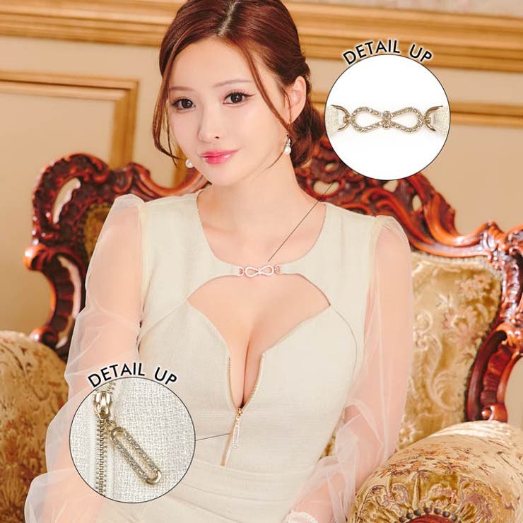 [SML 3サイズ展開] ビジューバックルツイードジップ長袖シアータイトミニドレ… | Dazzy | 詳細画像3 