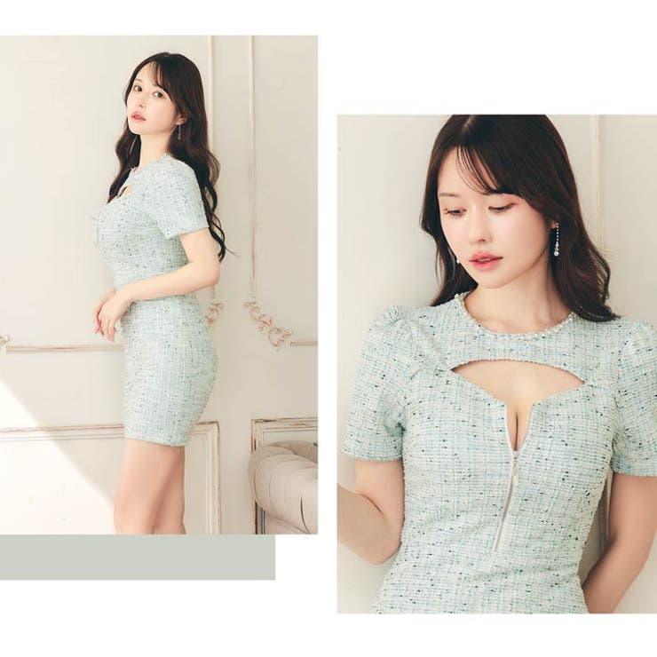 [SML 3サイズ展開] ツイードフロントジップネックビジュー半袖タイトミニドレ… | Dazzy | 詳細画像13 