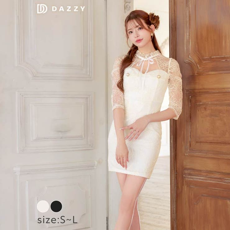 ハイネックリボンフラワー刺繍シアー七分袖タイトミニドレス[品番