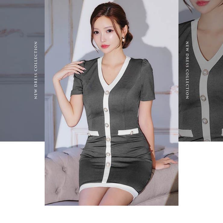 [SML/3サイズ展開] Ｖネックバイカラーボタンビジュー半袖タイトミニドレス | Dazzy | 詳細画像12 