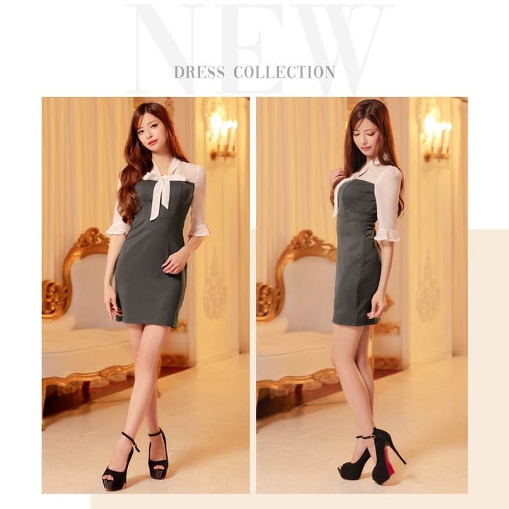 [SML/3サイズ展開] ボウタイリボンドッキングシアー五分袖タイトミニドレス | Dazzy | 詳細画像13 