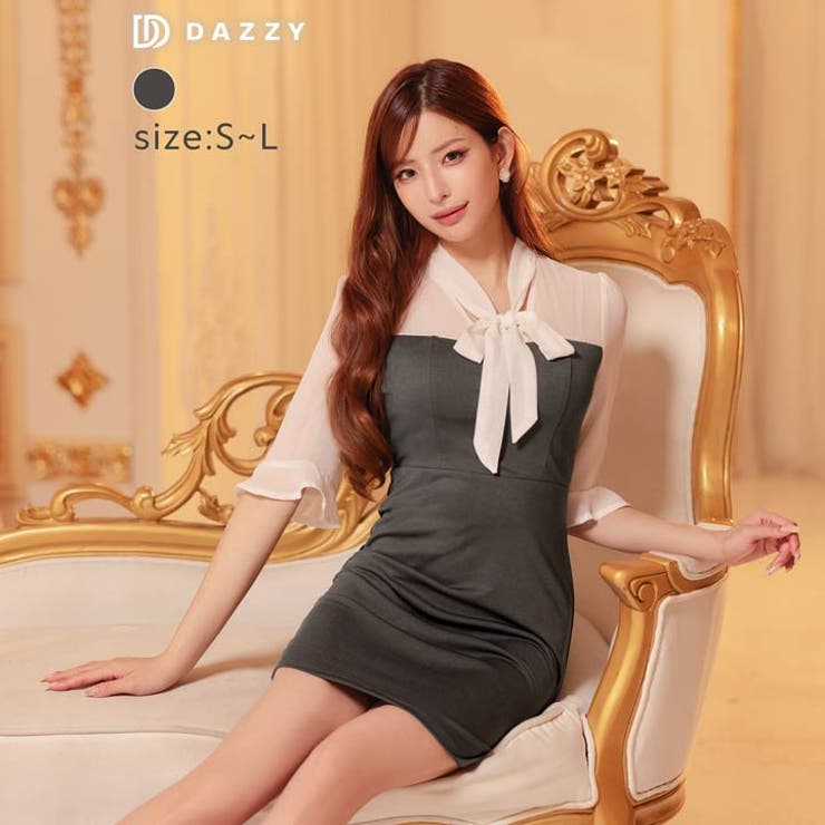 [SML/3サイズ展開] ボウタイリボンドッキングシアー五分袖タイトミニドレス | Dazzy | 詳細画像2 