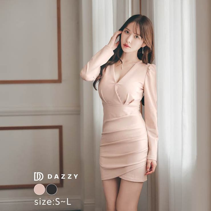 ワンカラーＶネックカシュクールサイドドレープ長袖タイトミニドレス [SML 3サ… | Dazzy | 詳細画像1 