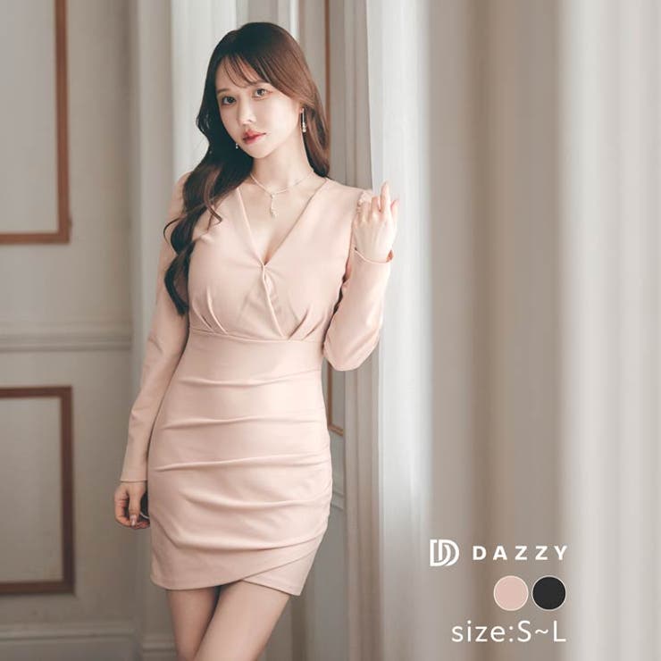 ワンカラーＶネックカシュクールサイドドレープ長袖タイトミニドレス [SML 3サ… | Dazzy | 詳細画像4 