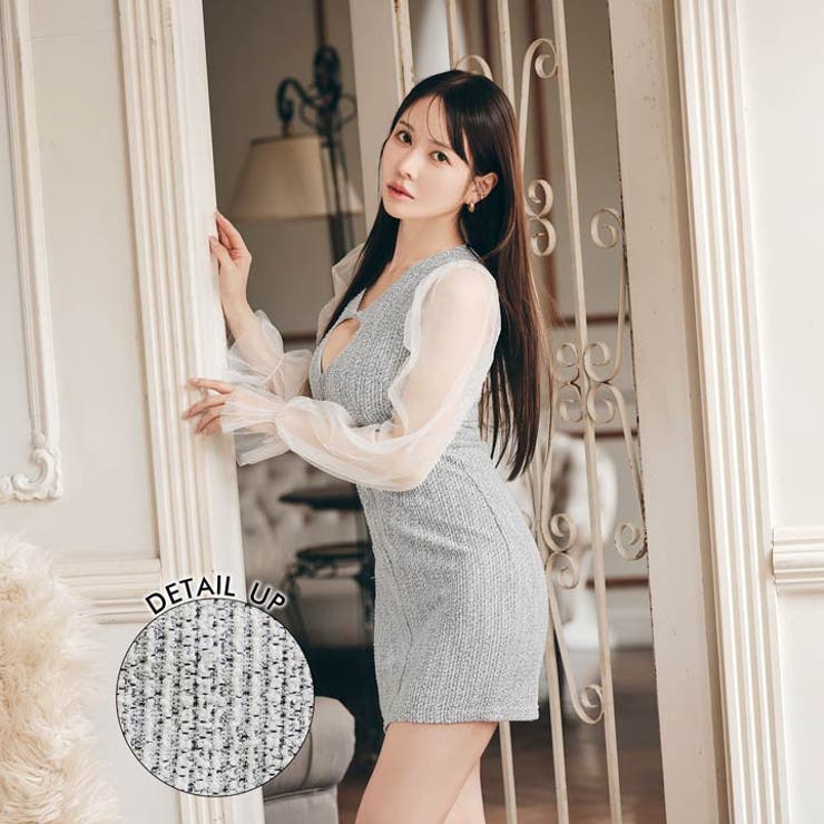 [SML 3サイズ展開] ツイードフロントジップカットアウトチュール長袖タイトミ… | Dazzy | 詳細画像3 