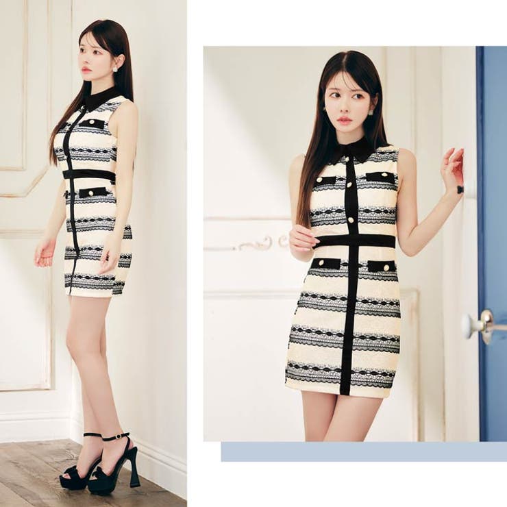 [SML/3サイズ展開] 襟付きモノトーンレースボーダータイトミニドレス | Dazzy | 詳細画像15 