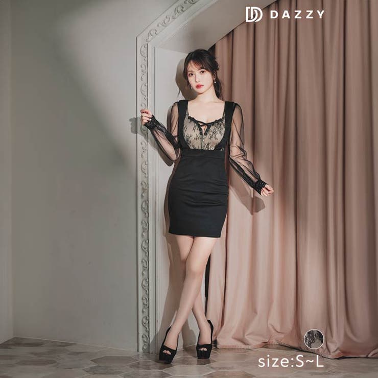 クロスファスナーフラワーレース長袖タイトミニドレス[SML/3サイズ展開] | Dazzy | 詳細画像2 