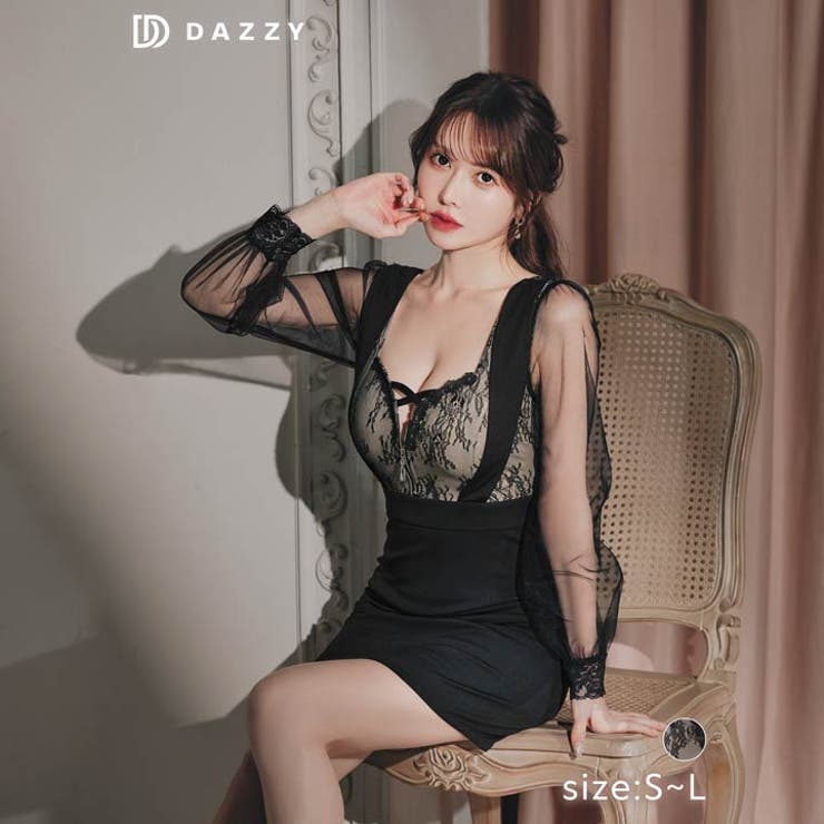 クロスファスナーフラワーレース長袖タイトミニドレス[SML/3サイズ展開] | Dazzy | 詳細画像6 