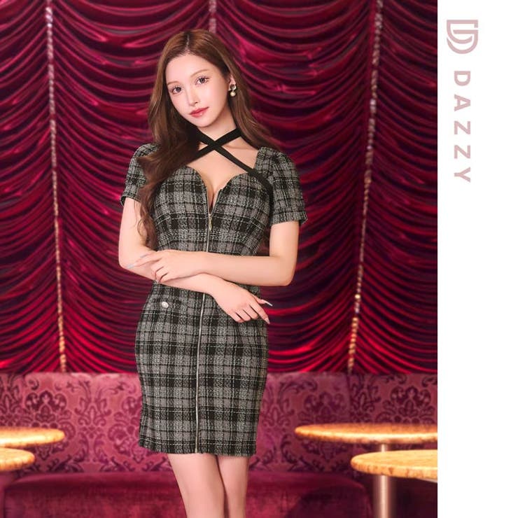 [SML 3サイズ展開] ツイードチェックファスナークロスネック半袖タイトミニド… | Dazzy | 詳細画像12 