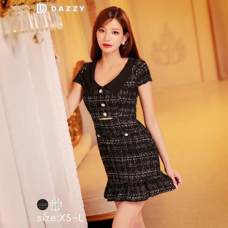 襟付きツイードチェックウエストカット半袖マーメイドミニドレス [XS~L 4サイ… | Dazzy | 詳細画像1 