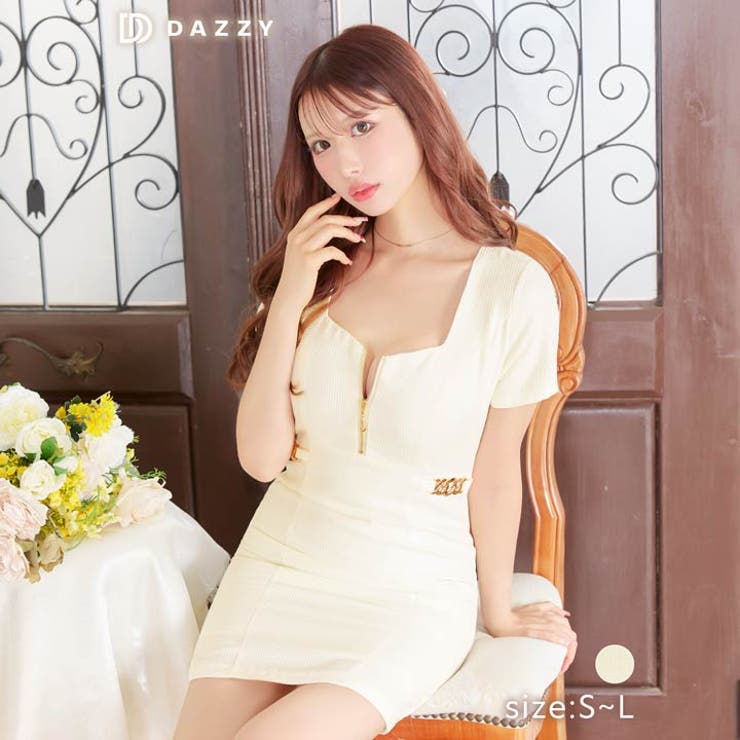 パイピングツイードフロントジップ半袖タイトミニドレス Sサイズ