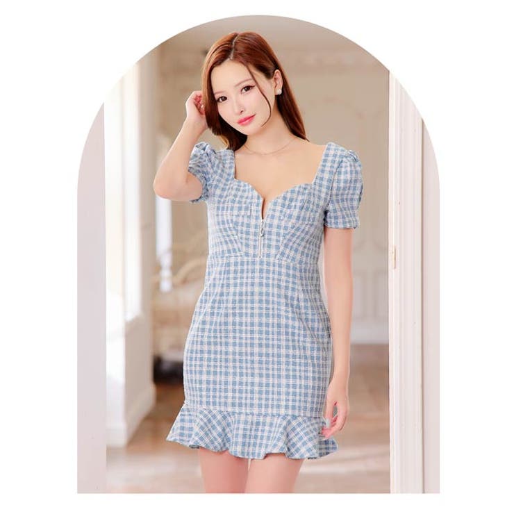 フロントジップツイードギンガムチェック半袖マーメイドミニドレス