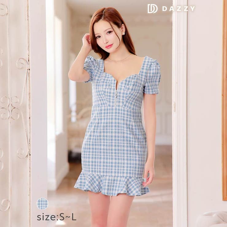 [SML 3サイズ展開] フロントジップツイードギンガムチェック半袖マーメイドミ… | Dazzy | 詳細画像6 