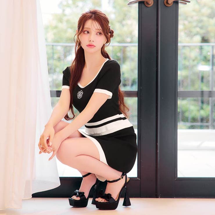 カメリア刺繍バイカラー半袖ニットセットアップ | Dazzy | 詳細画像2 