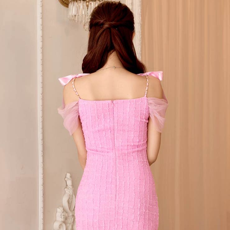 オフショルチェーンリボンチュール袖タイトミニドレス[SML 3サイズ展開][伊藤… | Dazzy | 詳細画像9 