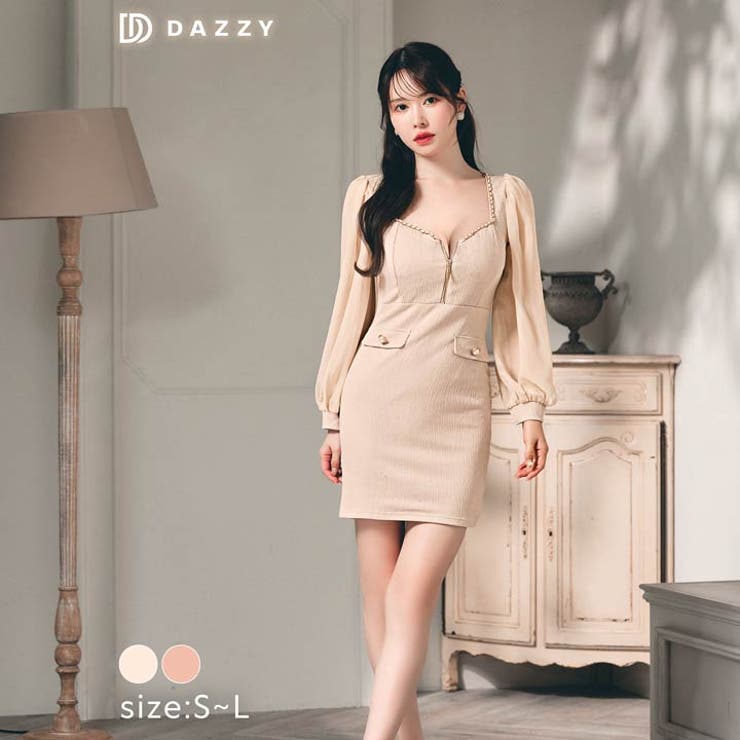 フロントジップチェーンラメシフォンスリーブタイトミニドレス[SML 3サイズ展開… | Dazzy | 詳細画像1 