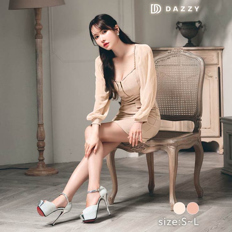 フロントジップチェーンラメシフォンスリーブタイトミニドレス[SML 3サイズ展開… | Dazzy | 詳細画像3 