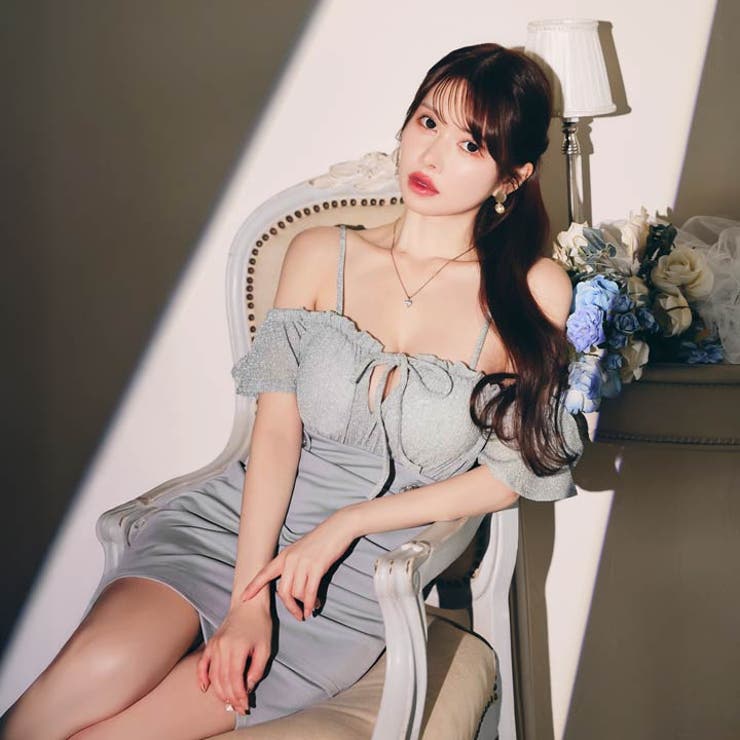 オフショルラメフリルリボンタイトミニドレス[SML/3サイズ展開][品番