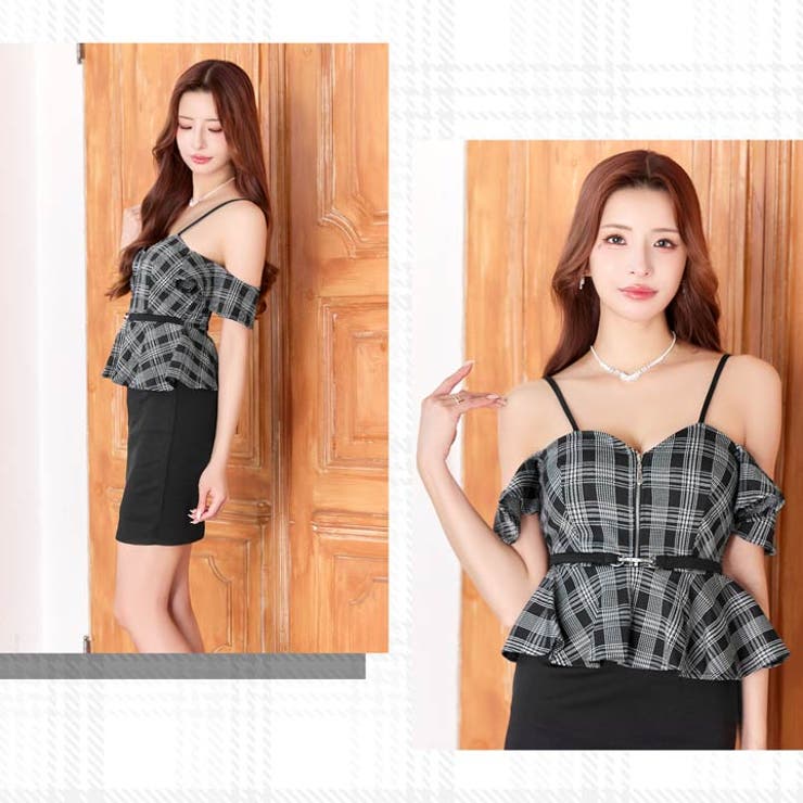 チェック柄オフショルファスナーペプラムタイトミニドレス[SML/3サイズ