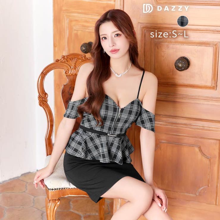 チェック柄オフショルファスナーペプラムタイトミニドレス[SML/3サイズ