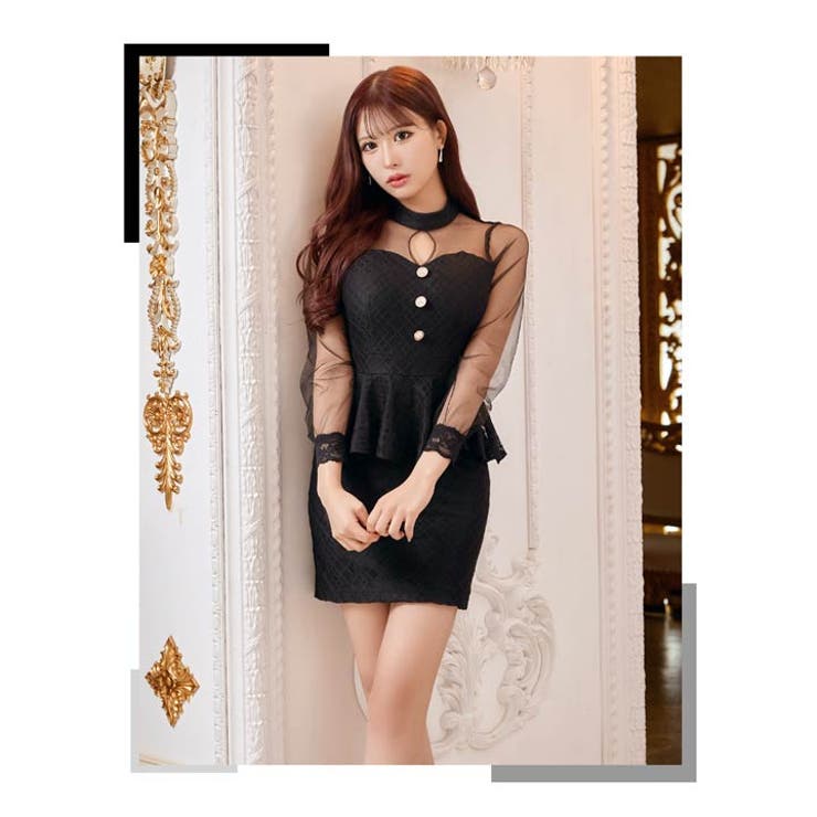 ハイネックシアーパールボタン長袖ペプラムタイトミニドレス[SML 3サイズ展開]… | Dazzy | 詳細画像15 